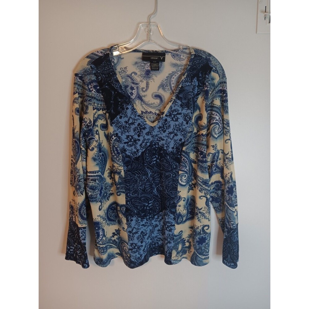 Vintage Venezia Boho Paisley Print Blouse Top Blue Sz 14 Y2K